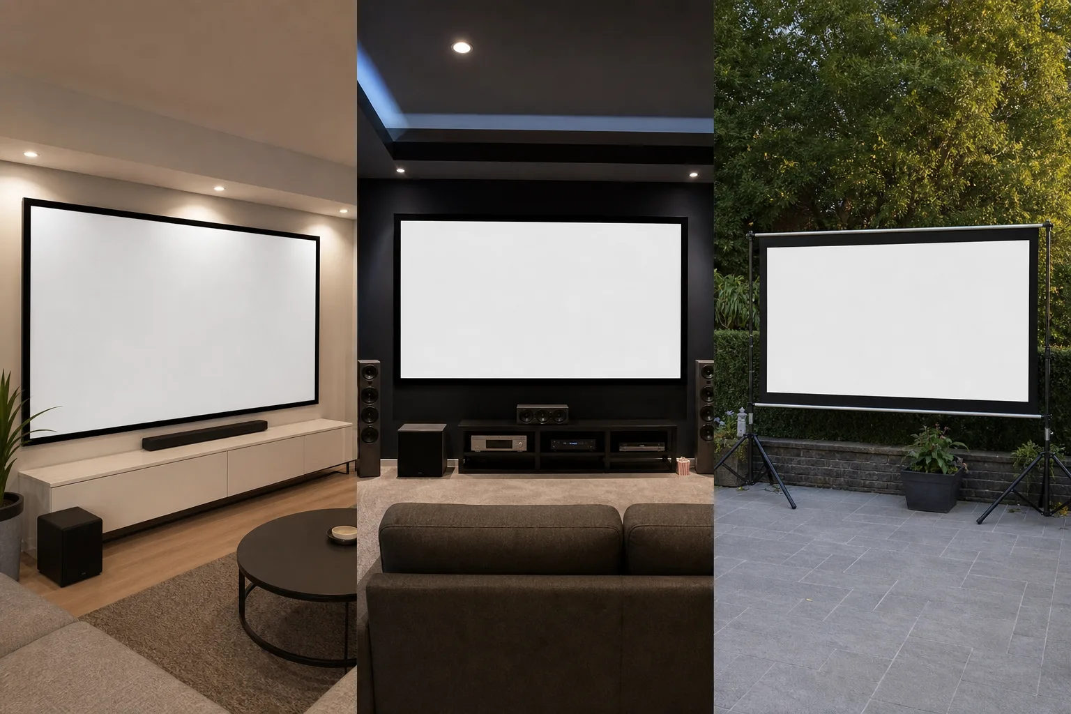 Leinwand-Loesungen fuer unterschiedliche Raeume: Wohnzimmer, kleines Kino, Outdoor